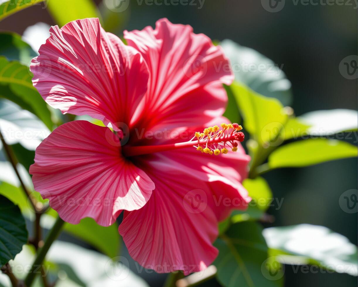 Vibrant Pink Hibiscus Flower with Lush Green Leaves in Sunlight photo
