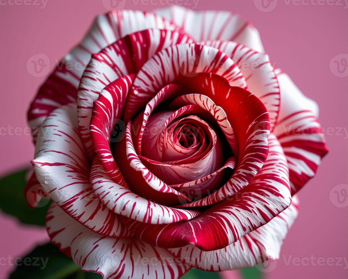 Striped Red and White Rose Bloom on Soft Pink Background photo