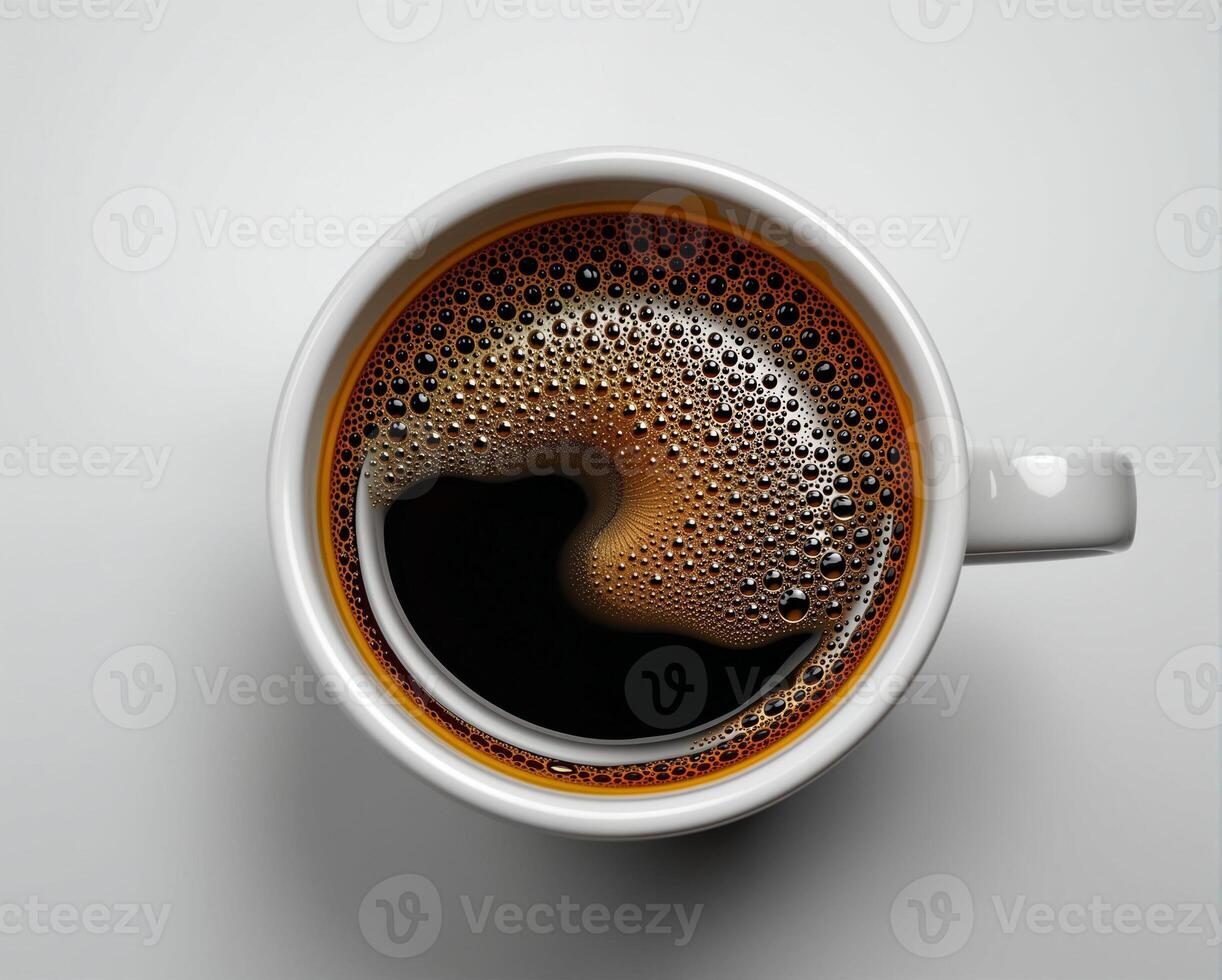 Close-Up View of Hot Black Coffee in a White Mug on a Light Background photo