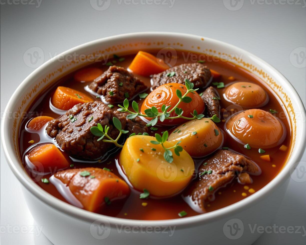 Hearty Vegetable and Meat Stew in White Bowl with Fresh Herbs photo
