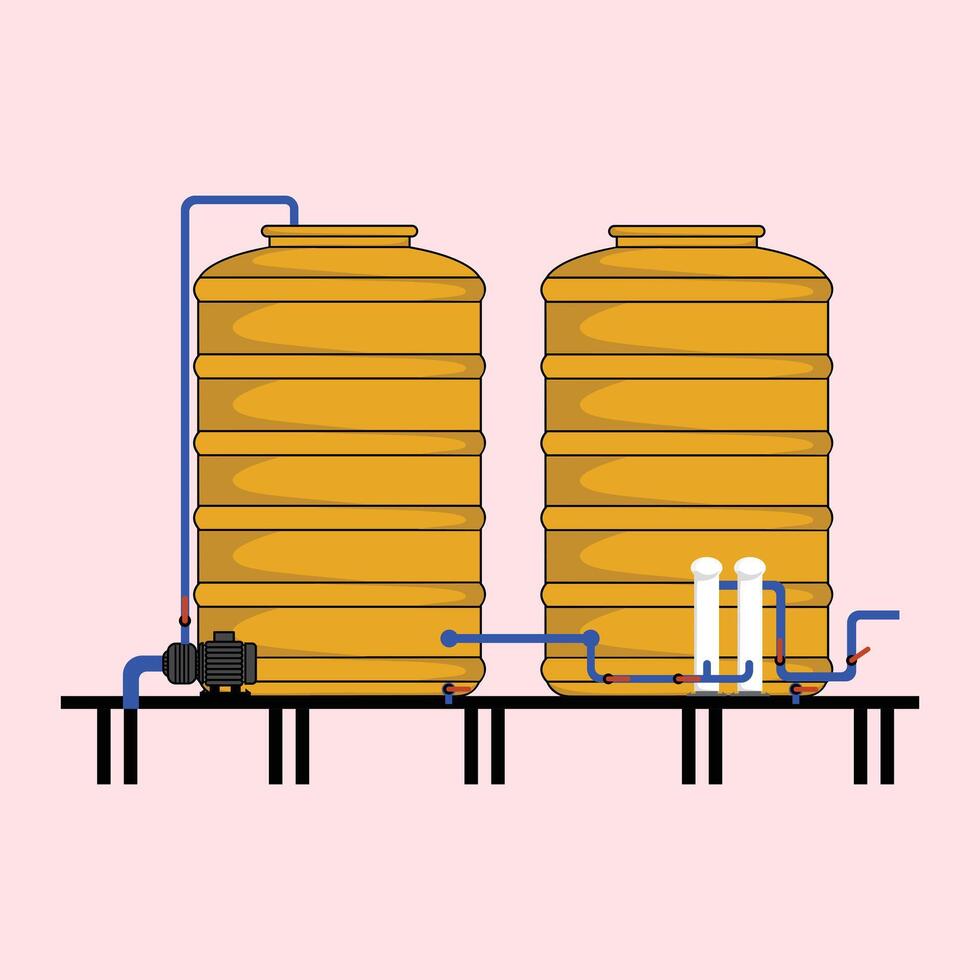 Installation of two large water tanks as water storage media. Brewery concept with icon design, illustration 10 eps graphic. Water pump, pipe and water tank installation for home vector