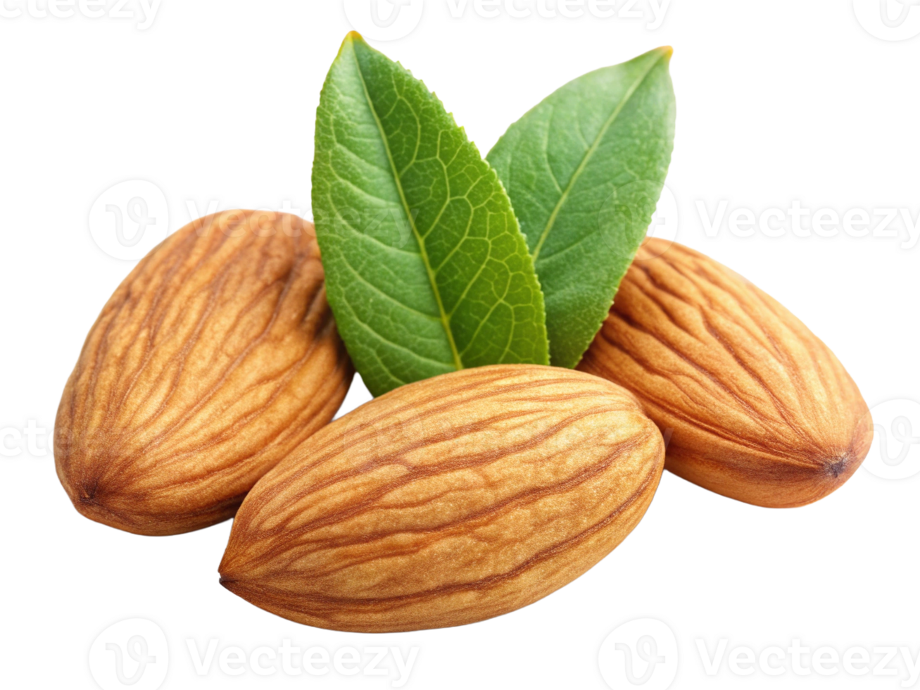 A close-up of three raw almonds with vibrant green leaves, showcasing their natural texture and color. png