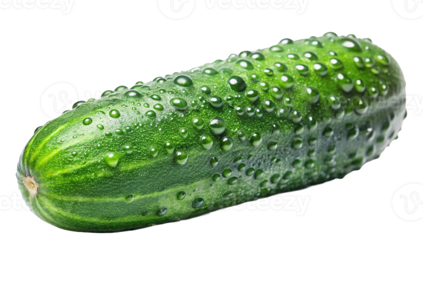 Fresh green cucumber covered in water droplets, highlighting its crisp texture and vibrancy. png