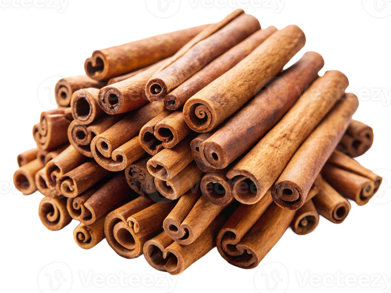 A close-up of a vibrant pile of aromatic cinnamon sticks, showcasing their rich brown color and unique curled shapes. png