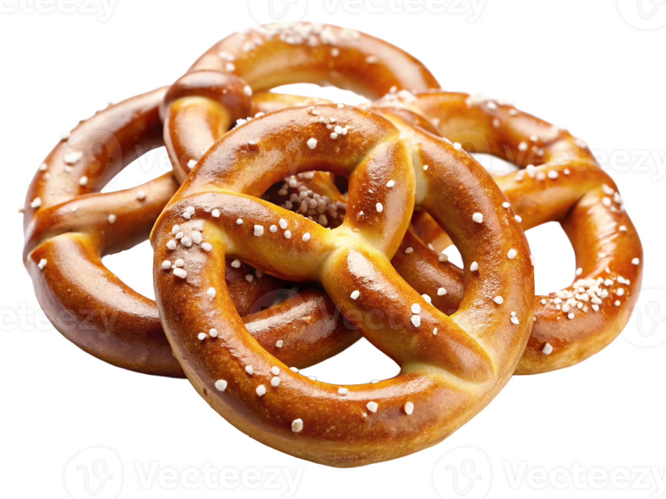 A trio of delicious, freshly baked soft pretzels sprinkled with coarse salt. png