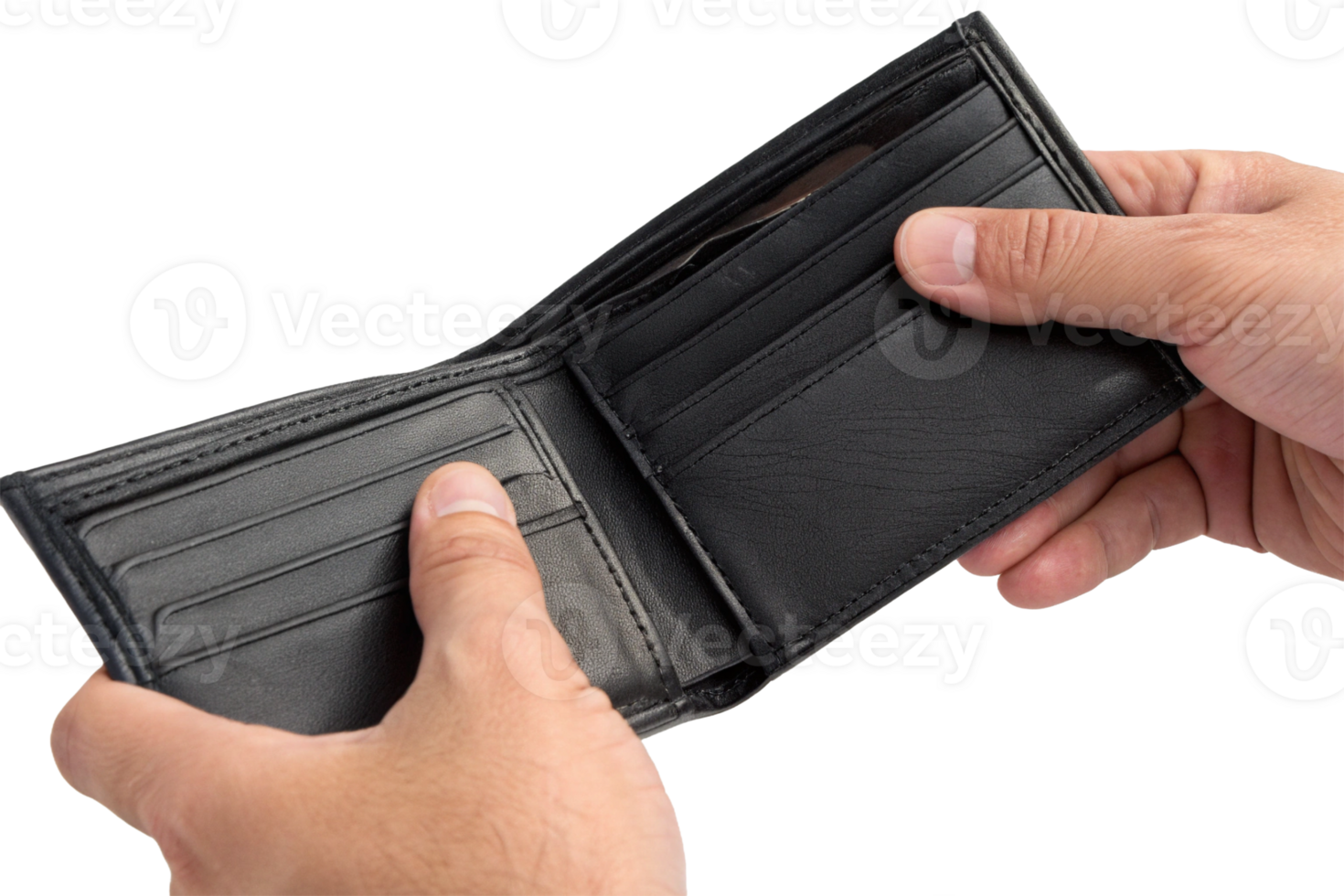 A person holds an open black leather wallet, showcasing its sleek design and multiple card slots. png