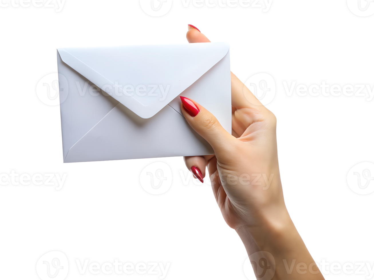 A woman's hand with striking red nails holds a crisp white envelope, symbolizing communication and connection. png