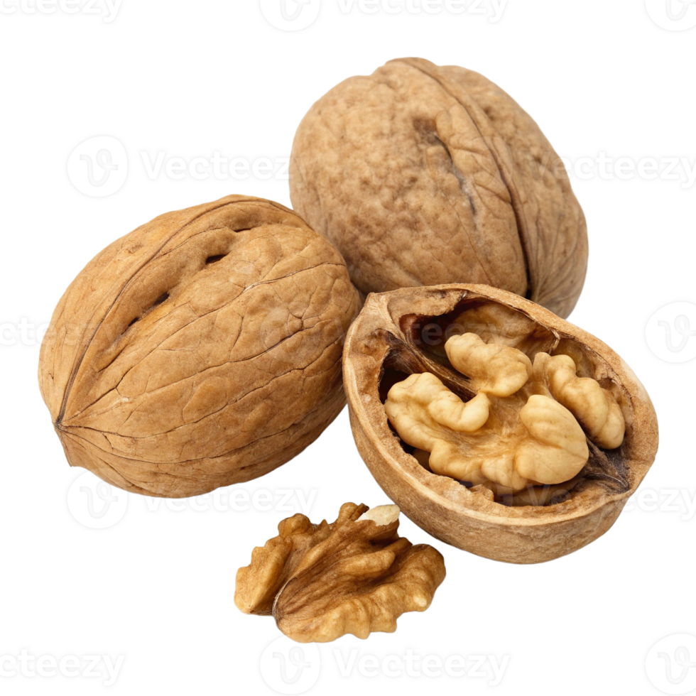 Three walnuts, one cracked open revealing the nut inside, showcasing their natural texture and color. png