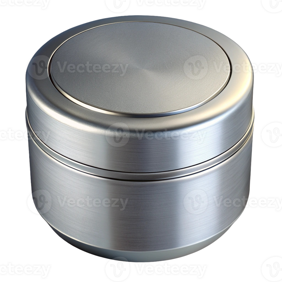 Sleek, modern silver stainless steel container with a smooth finish and a rounded lid. png
