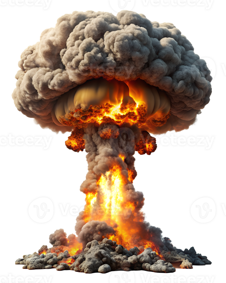 A dramatic explosion with a massive mushroom cloud, showcasing fiery orange and deep gray colors, symbolizing destruction and chaos. png