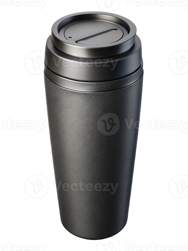 Sleek black travel mug with a secure lid, perfect for coffee on the go. png