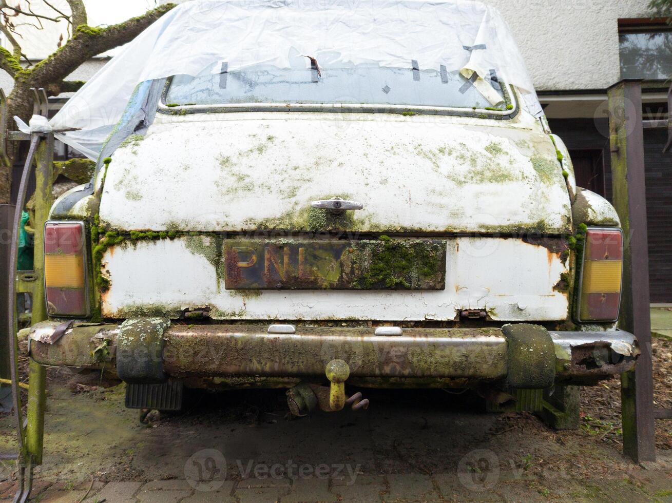 Close Up of Rusty Abandoned Car with Moss photo