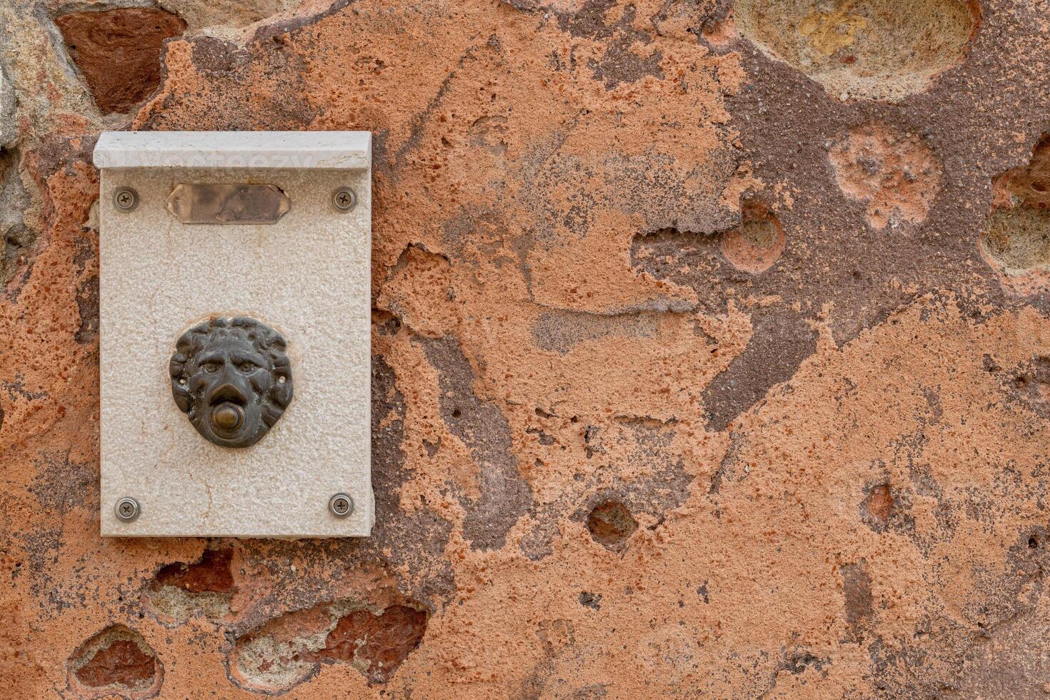 Bronze Lion Head Doorbell on Rustic Wall photo