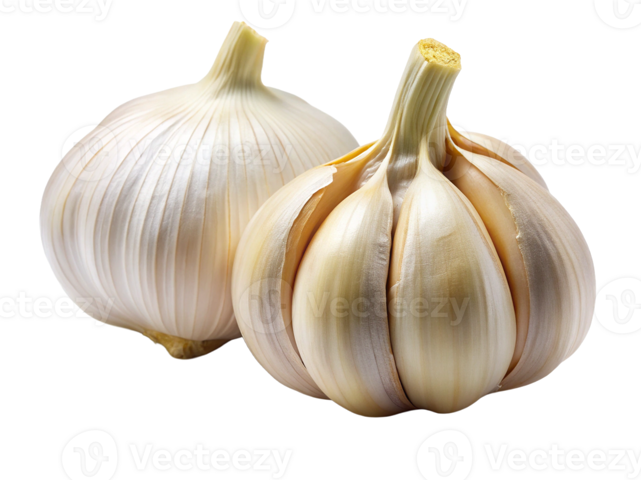Two fresh garlic bulbs with a smooth, off-white skin, showcasing their natural texture and unique shape. png