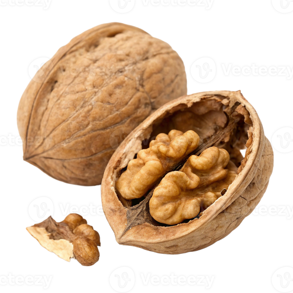 Close-up of a walnut split open, showcasing the rich, textured nut inside. png