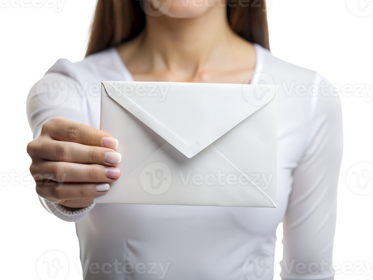 A young woman with long brown hair holds a white envelope, symbolizing communication and connection. png