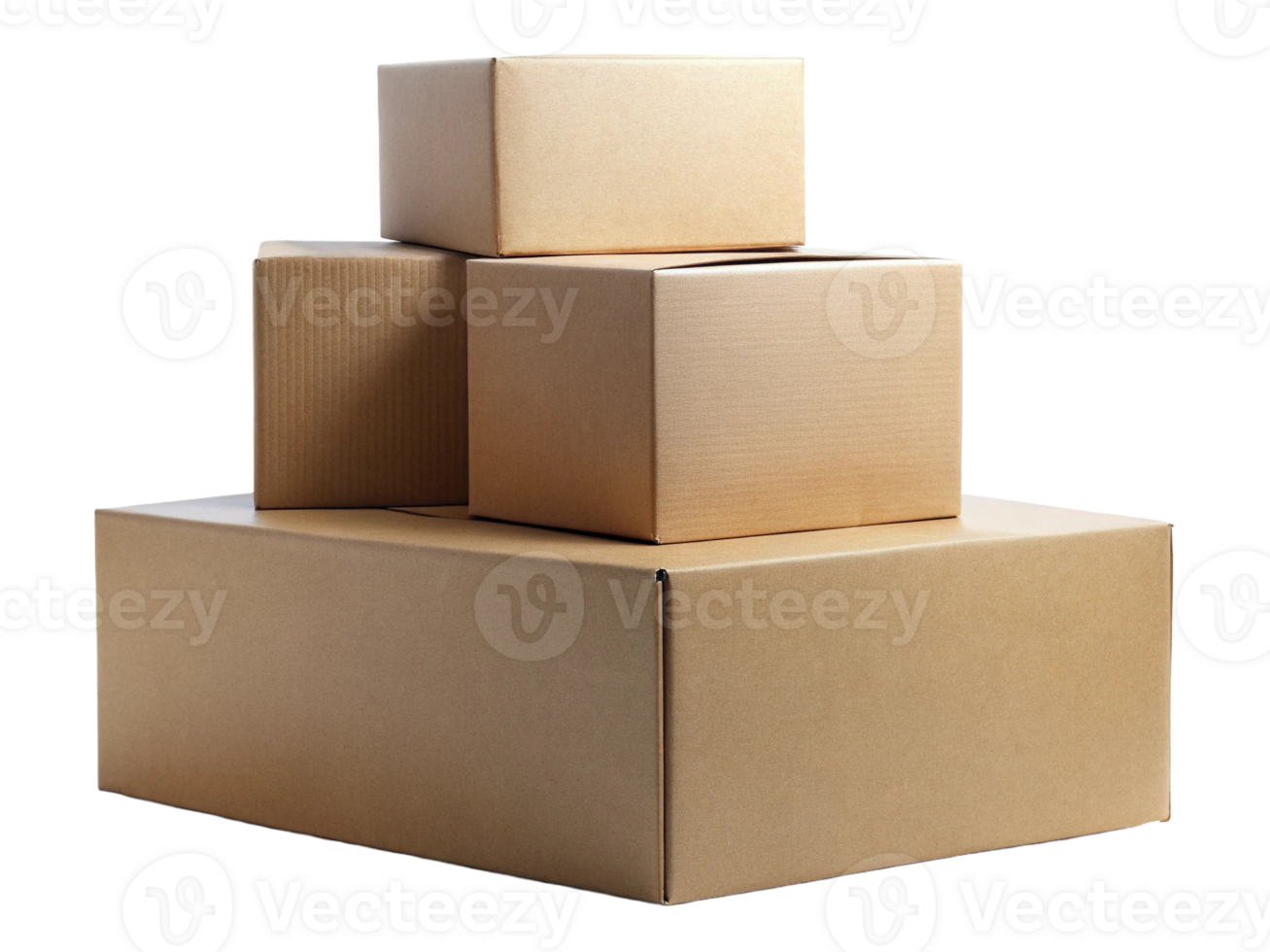 A stack of four cardboard boxes in varying sizes, showcasing a neutral color palette and simple, clean lines. png