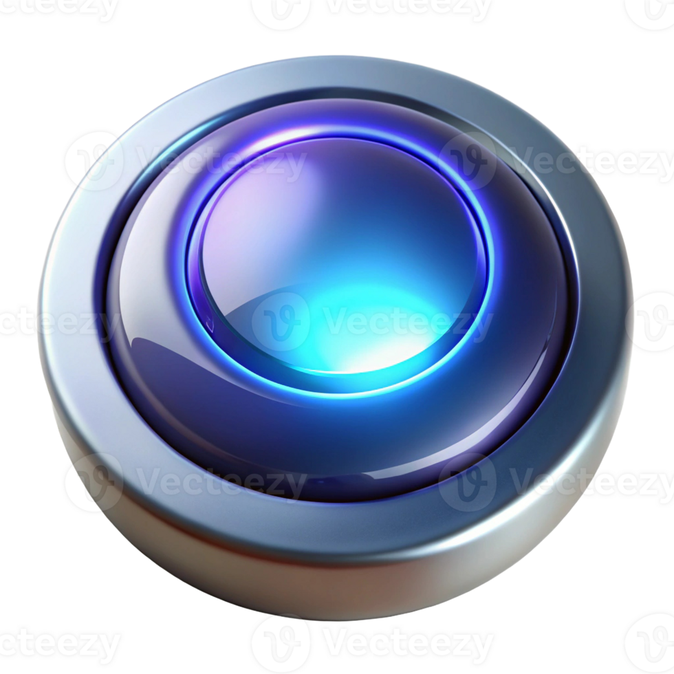 A sleek, futuristic blue button with a glossy finish, glowing softly in an illuminating light. png