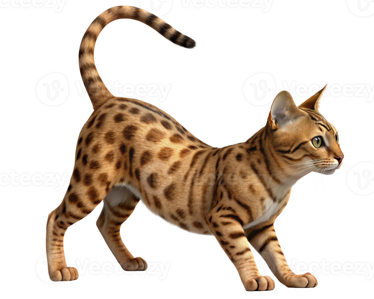 A majestic Bengal cat with a sleek coat and striking spots, poised gracefully in a playful stance. png