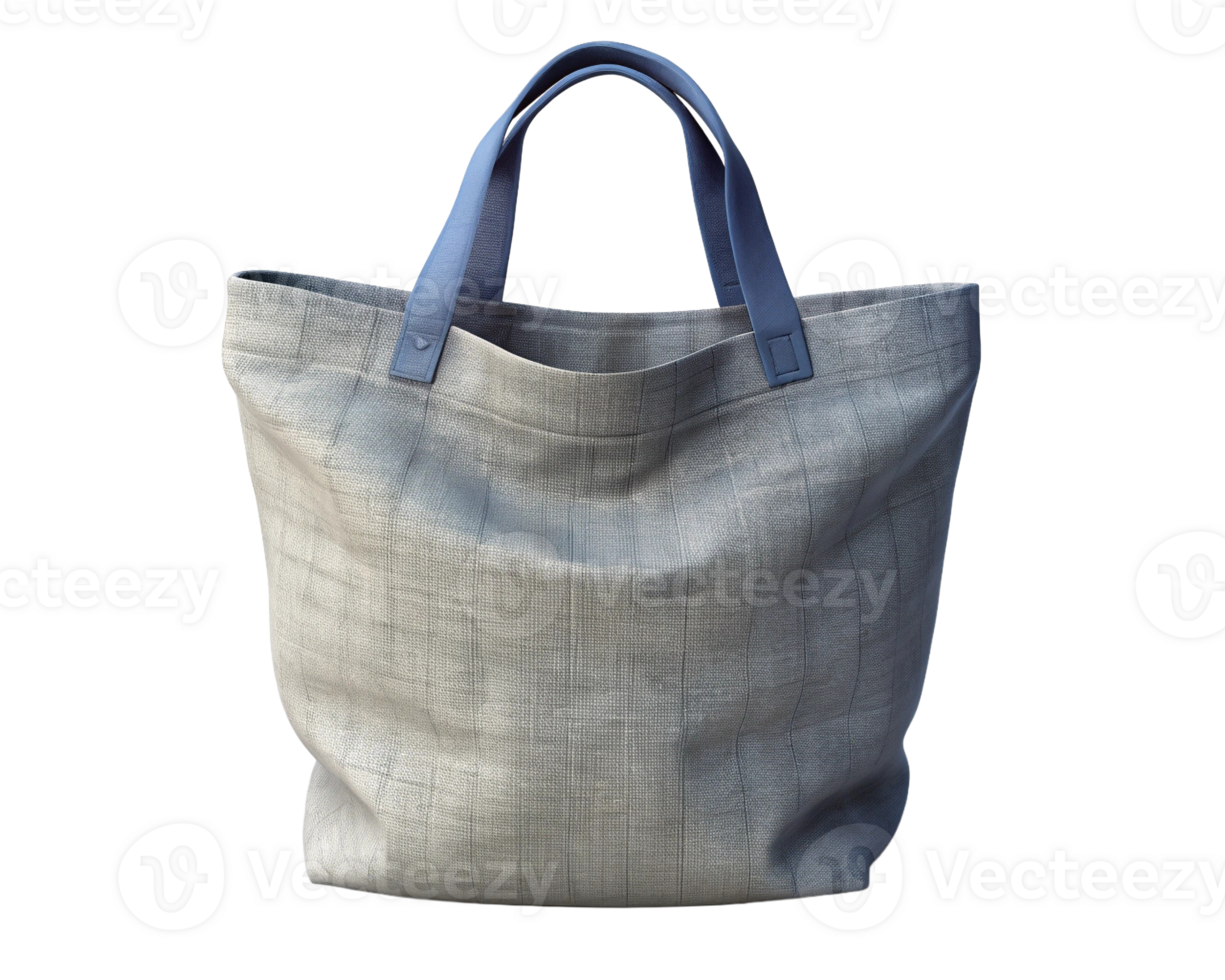 Stylish gray tote bag with blue leather handles, perfect for everyday use. png