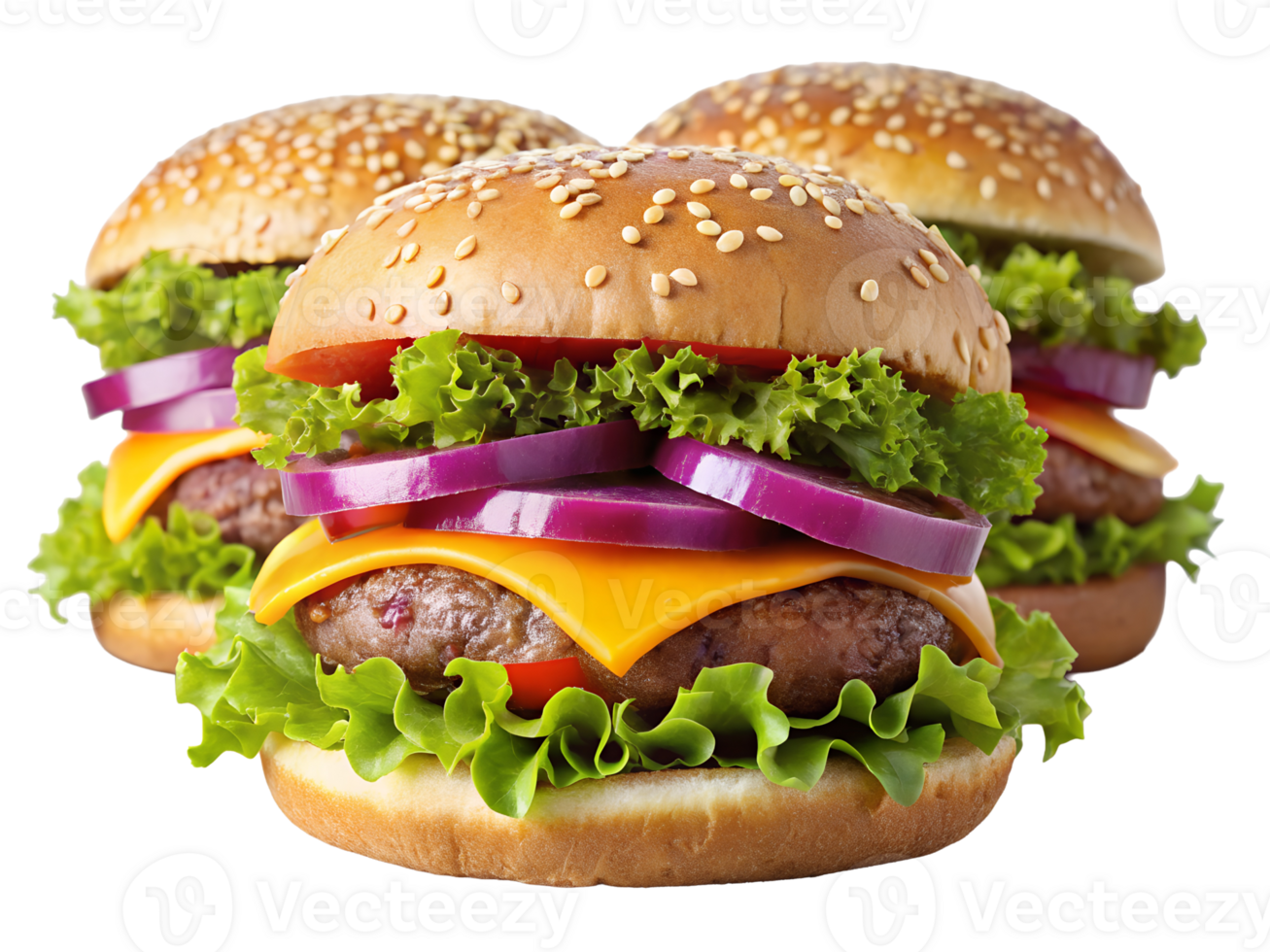 Delicious cheeseburgers stacked with fresh lettuce, onions, and melted cheese on sesame seed buns. png