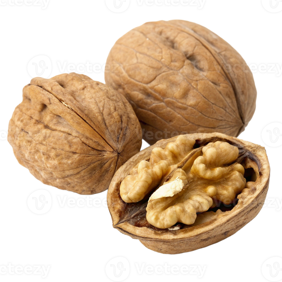 Three walnuts, showcasing one opened to reveal the rich, textured nut inside. png