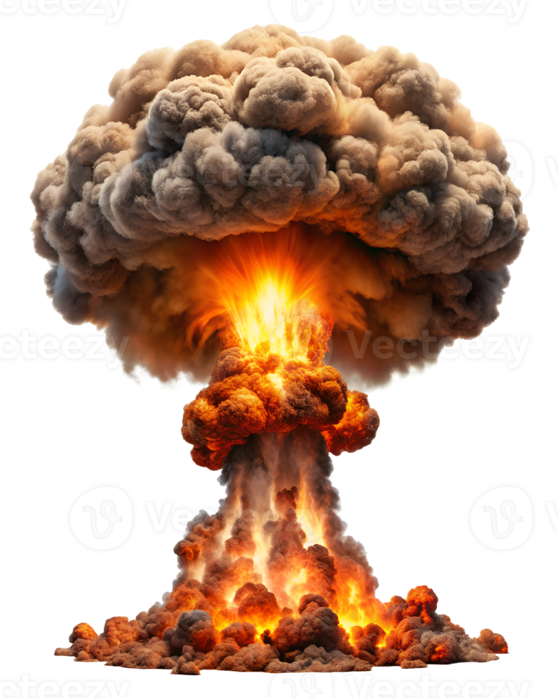 An intense explosion creates a massive mushroom cloud, with vibrant flames and dense smoke, capturing the nature of destruction. png
