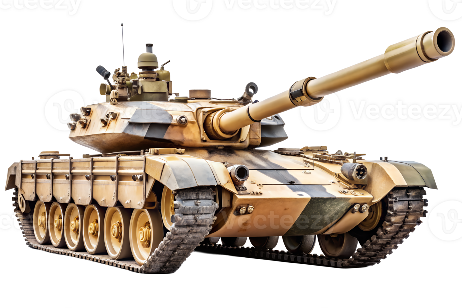 A detailed view of a military tank, showcasing its robust design and camouflage pattern. png
