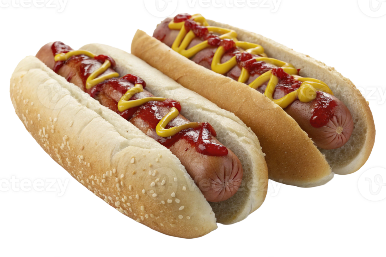 Two classic hot dogs topped with ketchup and mustard, served in sesame seed buns. png
