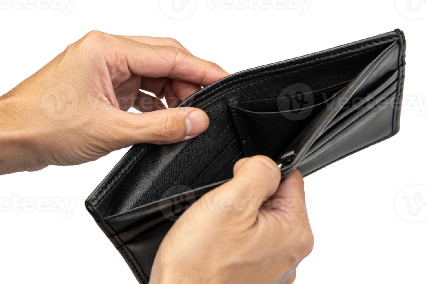 An open black leather wallet held by a male hand, showcasing its empty interior and card slots. png