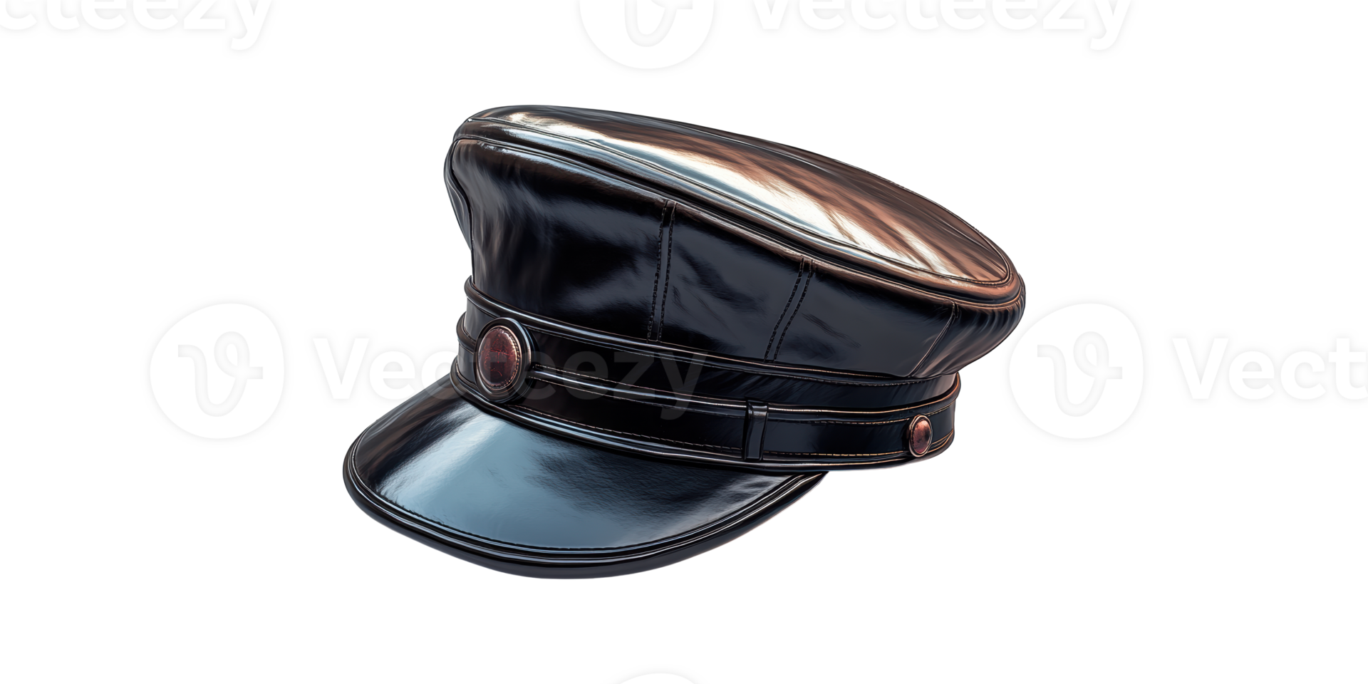 Black Leather Military Cap With Decorative Buttons. Fashionable Headwear For Costume And Style Isolated On Transparent Background png