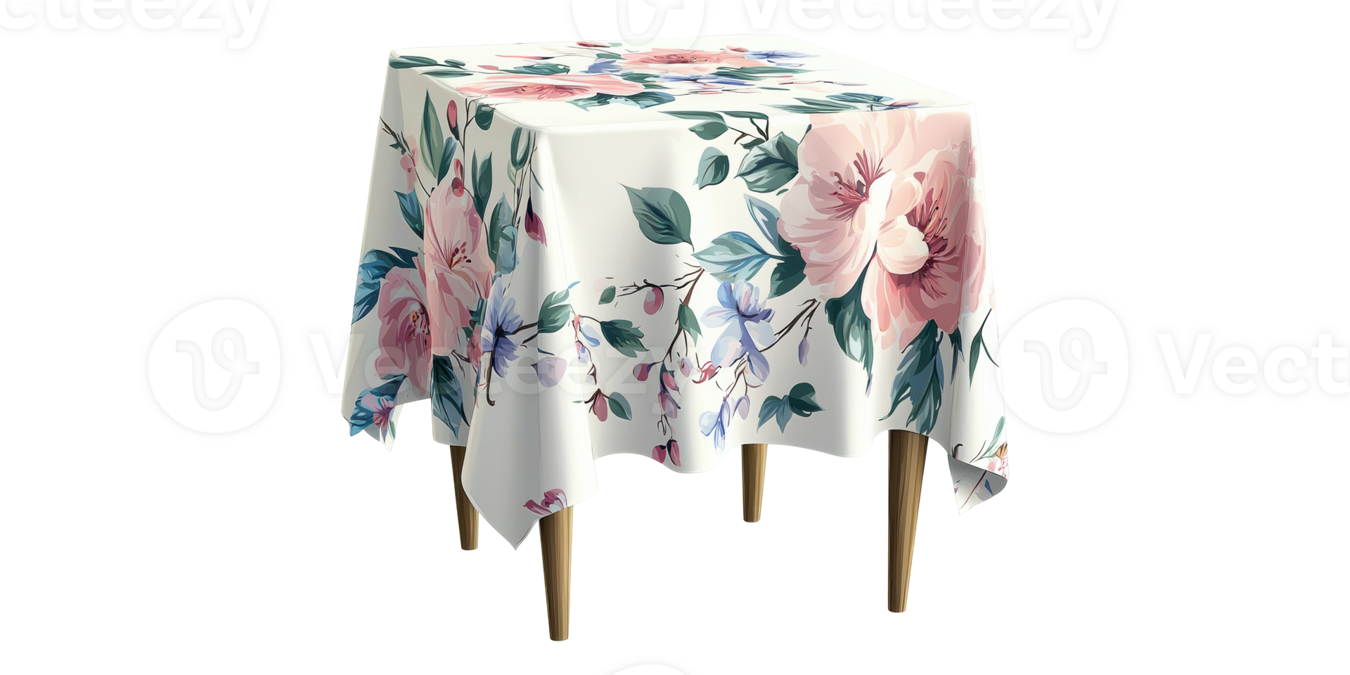 Floral tablecloth covering wooden table isolated on transparent background png