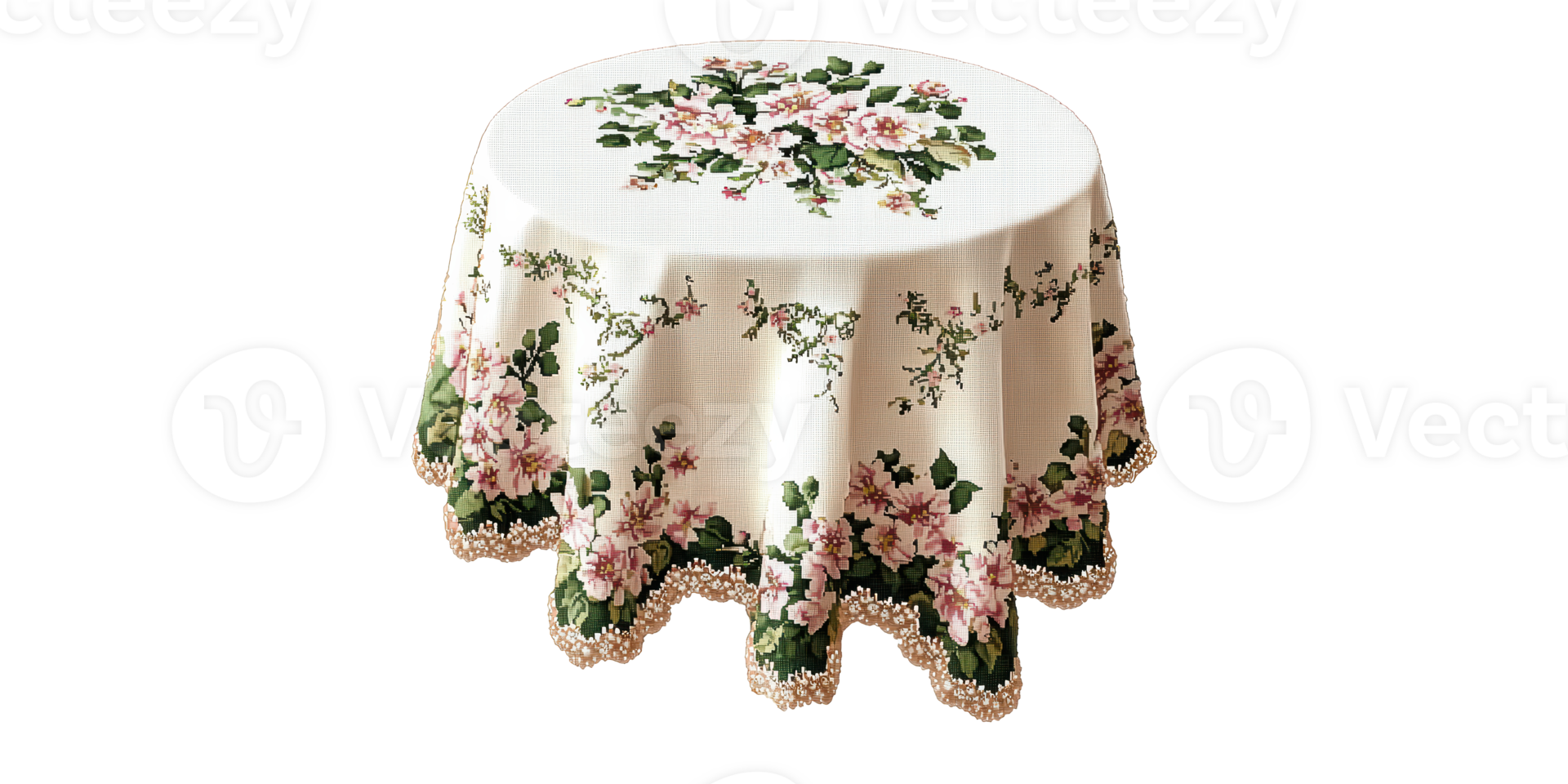 Round floral tablecloth displaying embroidered flowers isolated on transparent background png