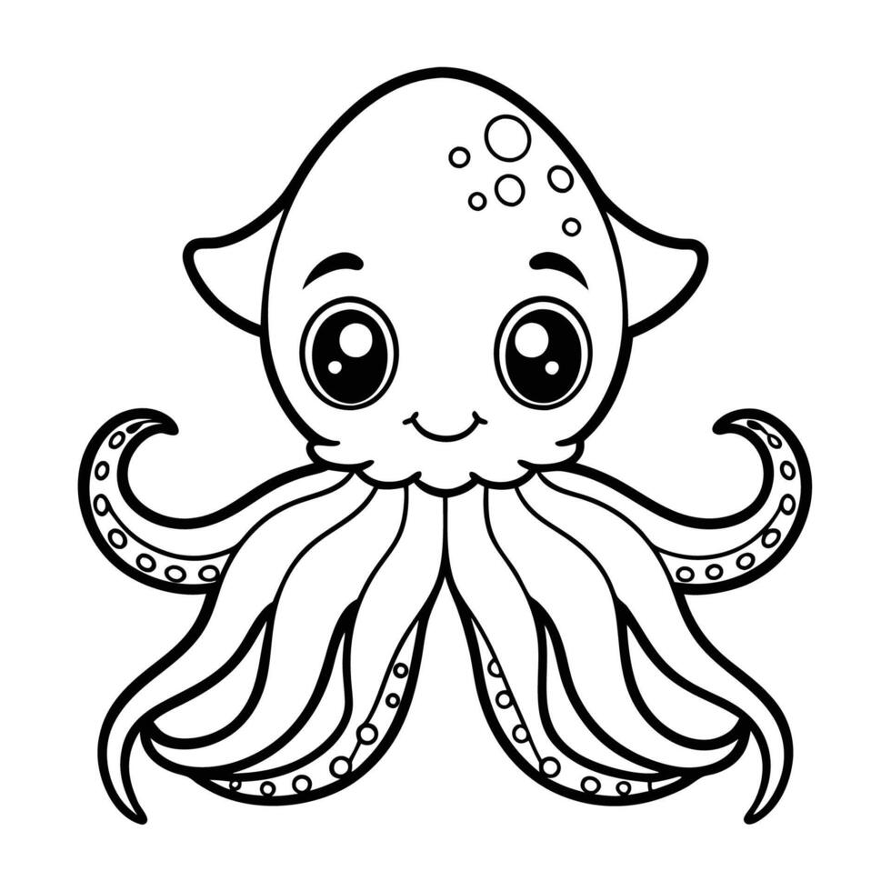Adorable Squid Cartoon Character Coloring Page Illustration for Kids vector