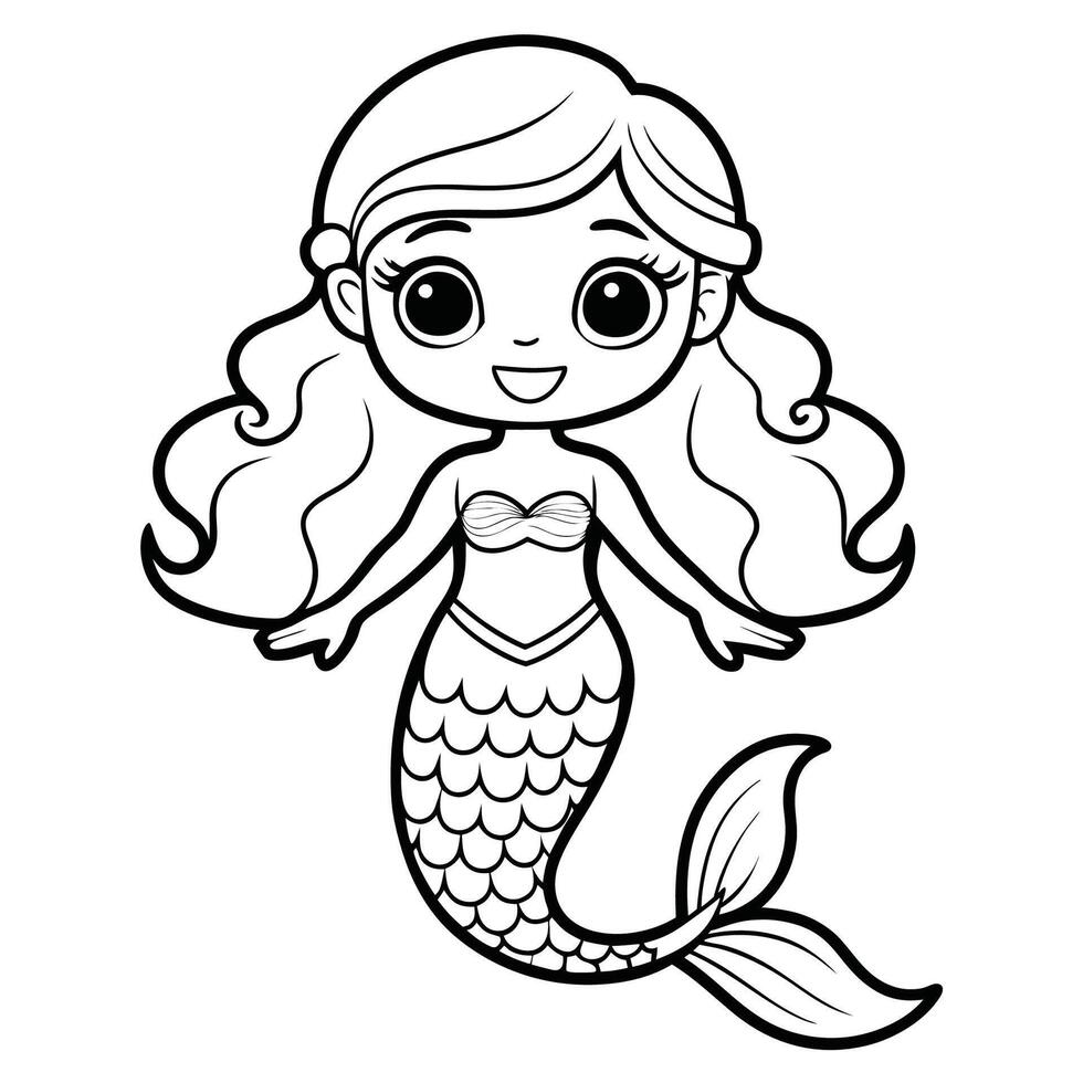 Adorable Mermaid Coloring Page with Vibrant Ocean Background vector