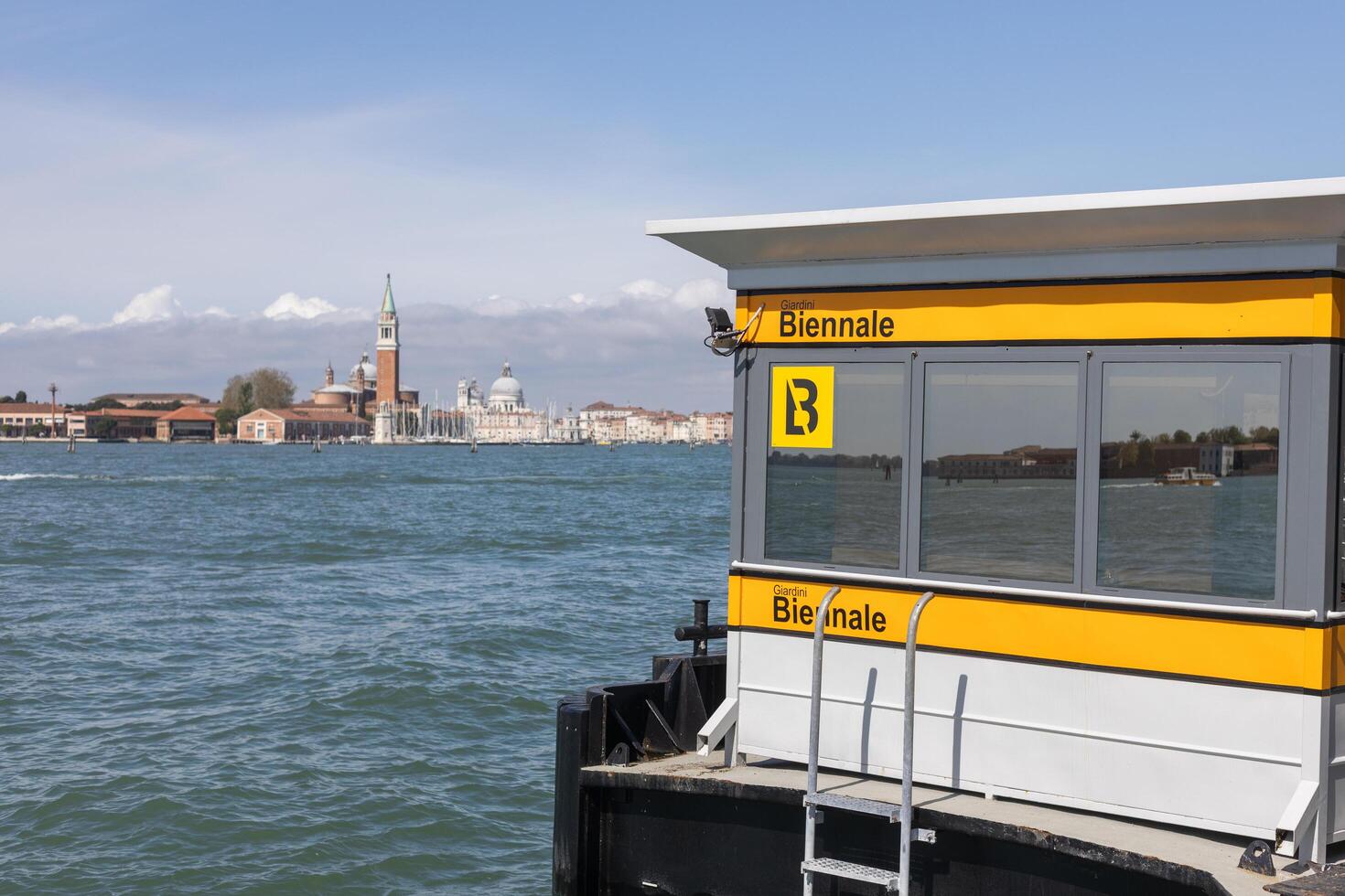 Venice, Italy - April 20 2025 Biennale Giardini vaporetto stop with San Giorgio Maggiore in background photo