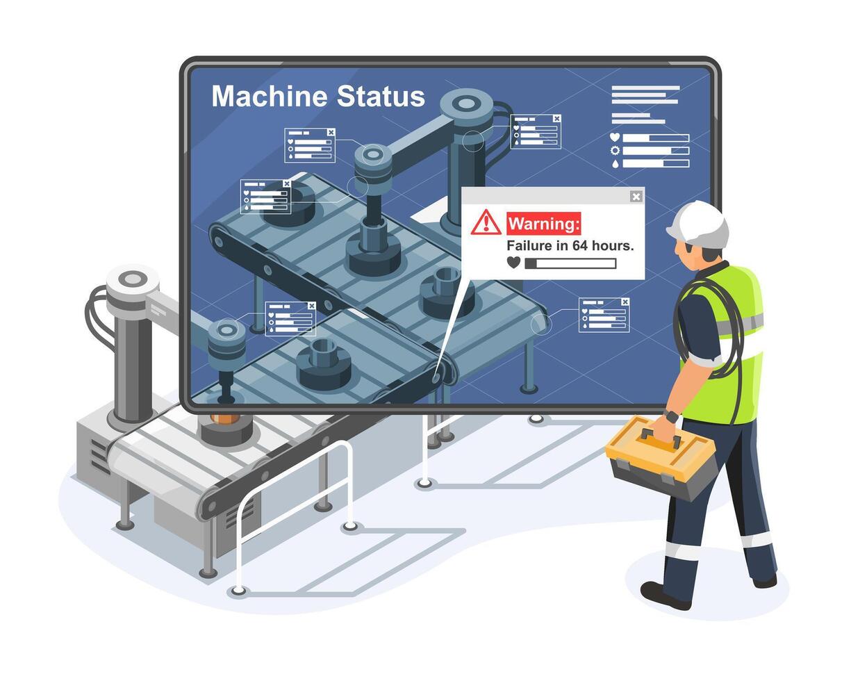 AI powered predictive maintenance system detecting early signs of machine wear and forecasting equipment failure to optimize industrial repair schedules isometric vector