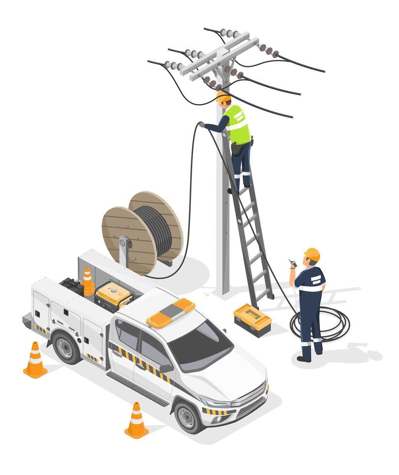 Isometric illustration of electrical line workers installing power cables on utility pole with fast service vehicle and equipment on white background isometric cartoon vector
