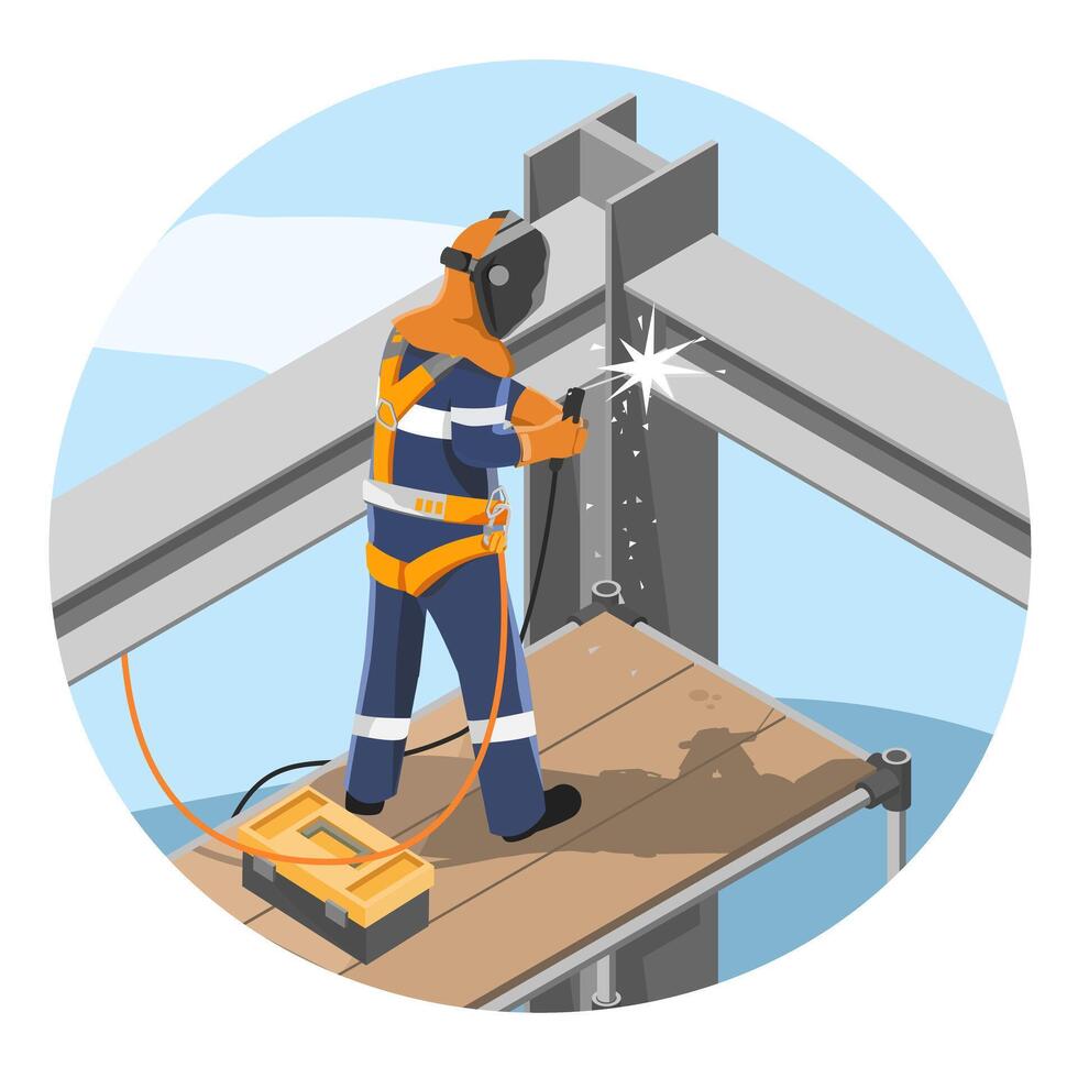 Professional welder operating on high-risk construction site while welding steel structures at elevated height with full safety equipment cartoon vector