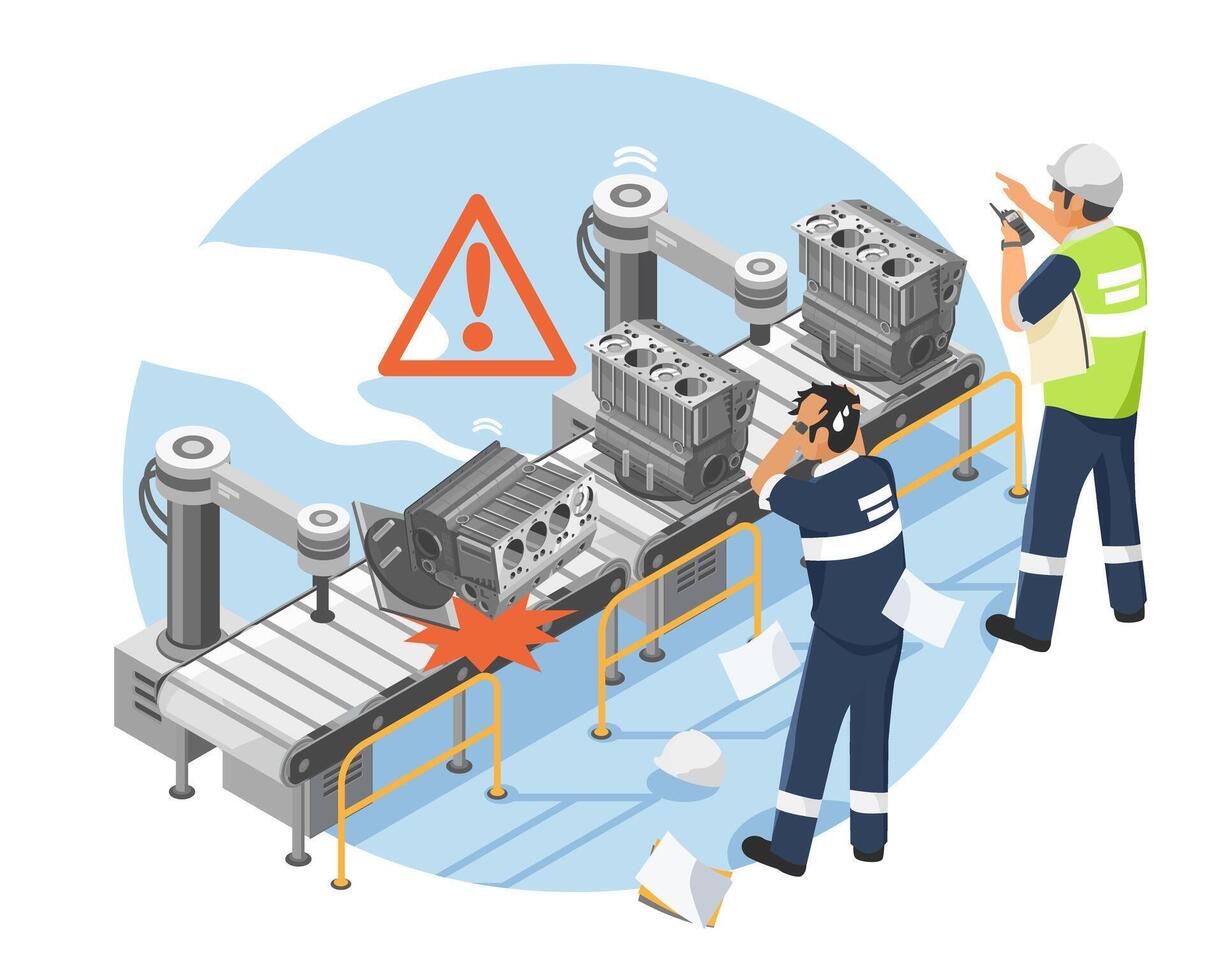 Production line malfunction causes potential damage to engine parts during automated manufacturing process in industrial factory cartoon isometric vector