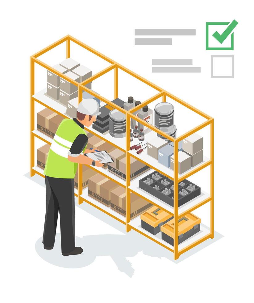 Industrial factory staff from the procurement and materials department inspecting inventory and verifying supply levels in the warehouse using a digital checklist system isometric vector