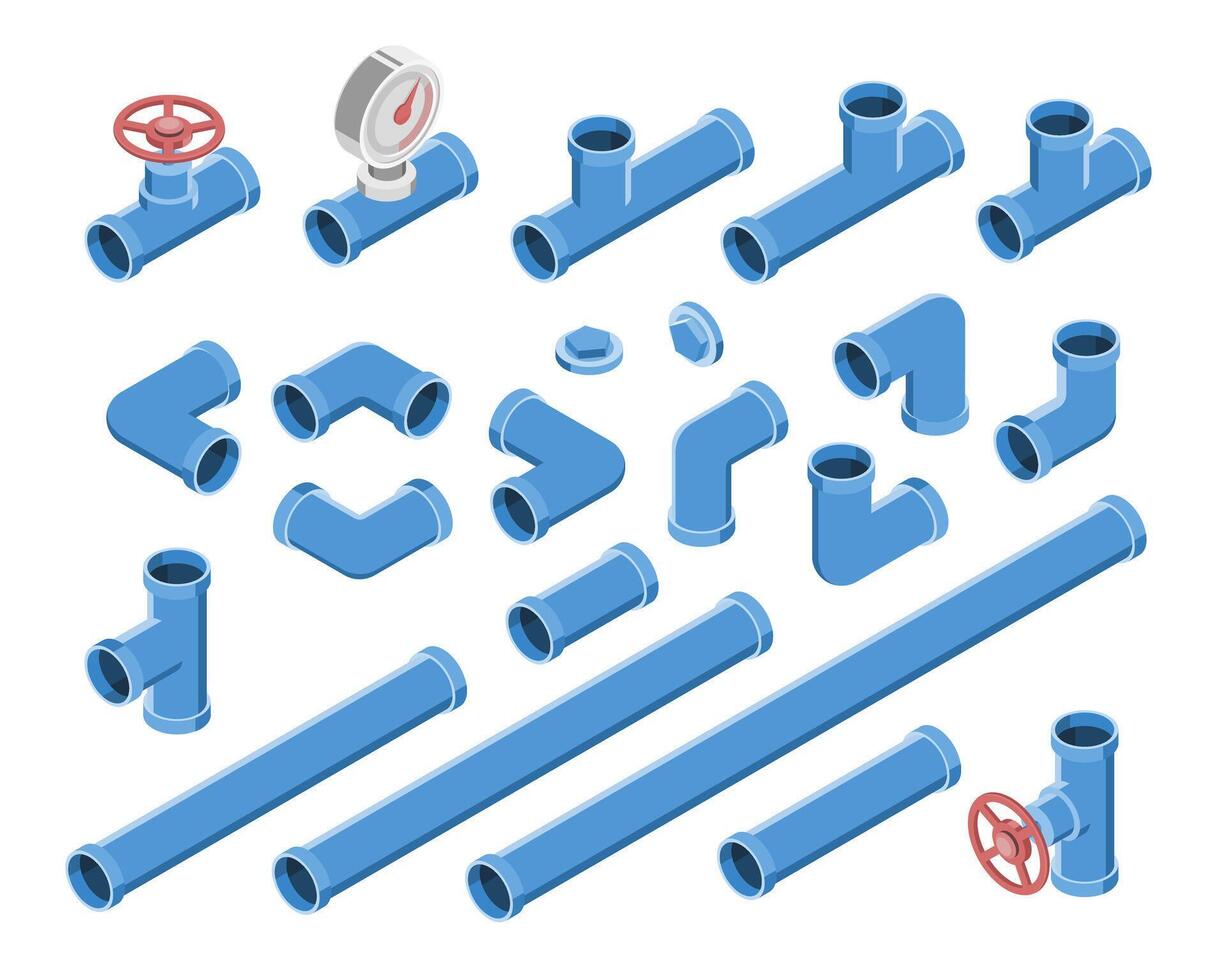 Isometric illustration of various blue plumbing and water pipeline components with valves, gauges and connectors for industrial fluid systems vector