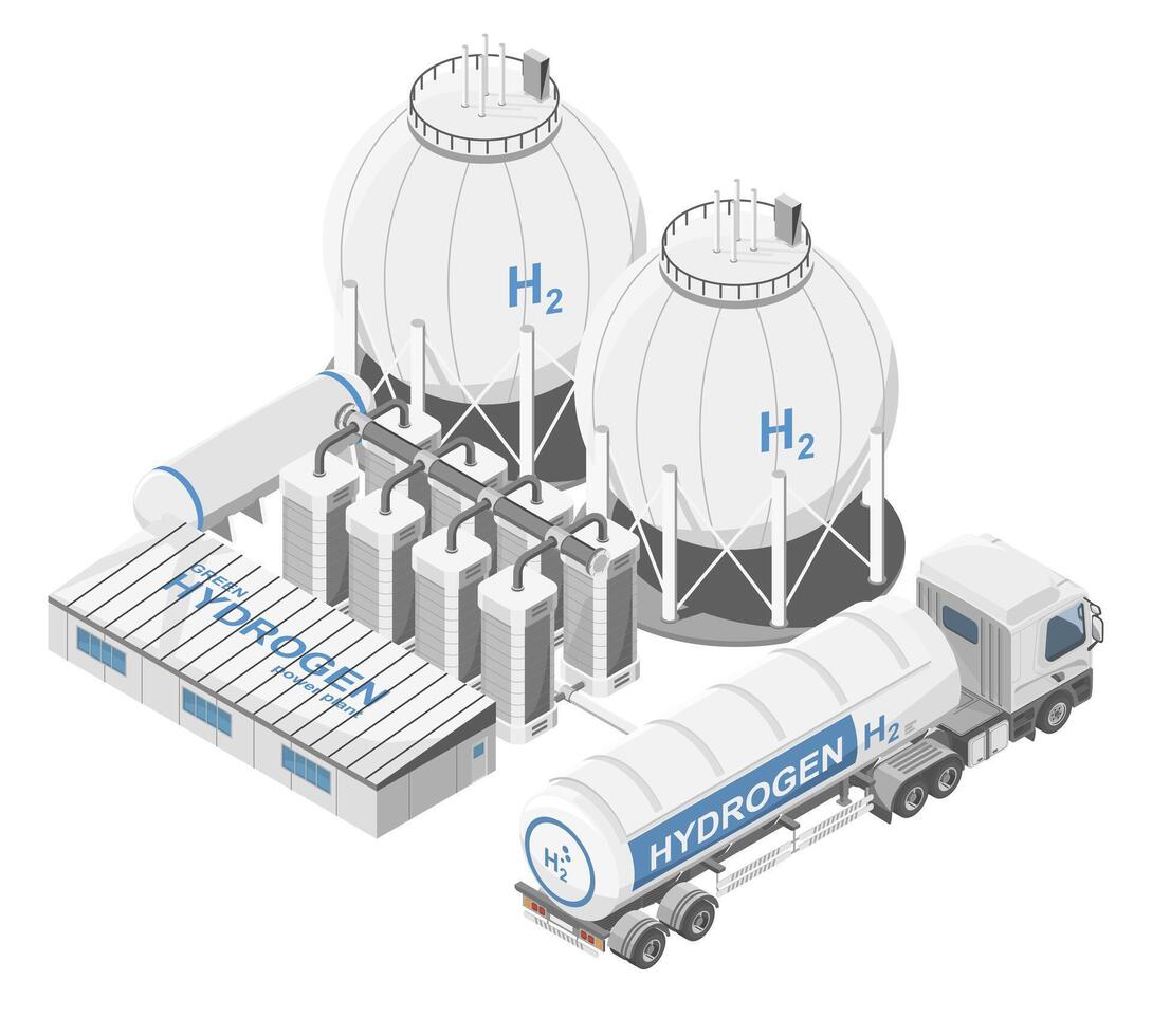 Isometric illustration of a hydrogen production and storage facility with tanker truck representing clean energy infrastructure and sustainable fuel transportation system vector