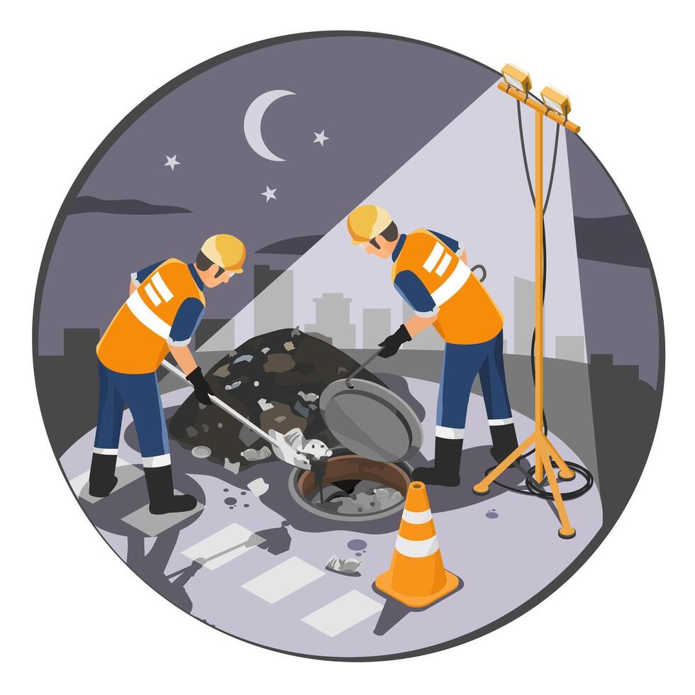 Emergency nighttime drainage cleanup by utility workers to prevent urban flooding and ensure public safety under urgent conditions isometric vector