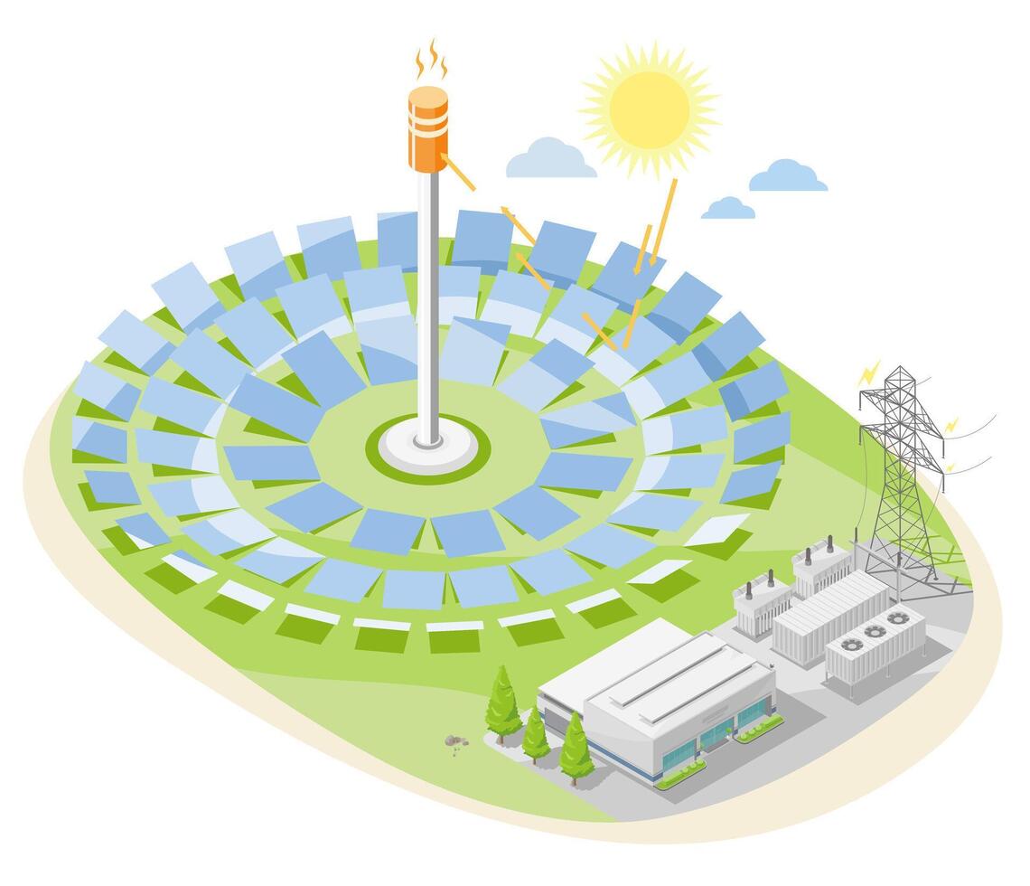 Isometric illustration of a solar power tower with heliostat mirrors reflecting sunlight to generate renewable energy at a modern solar thermal power plant vector