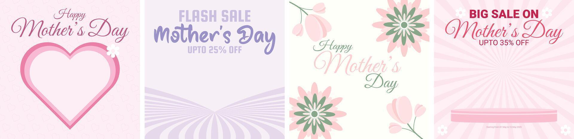 Set of Mother's Day Sale and Greeting Banners with Floral Designs, Hearts, Frames, Product Podium, Post Design for Discount Ads vector