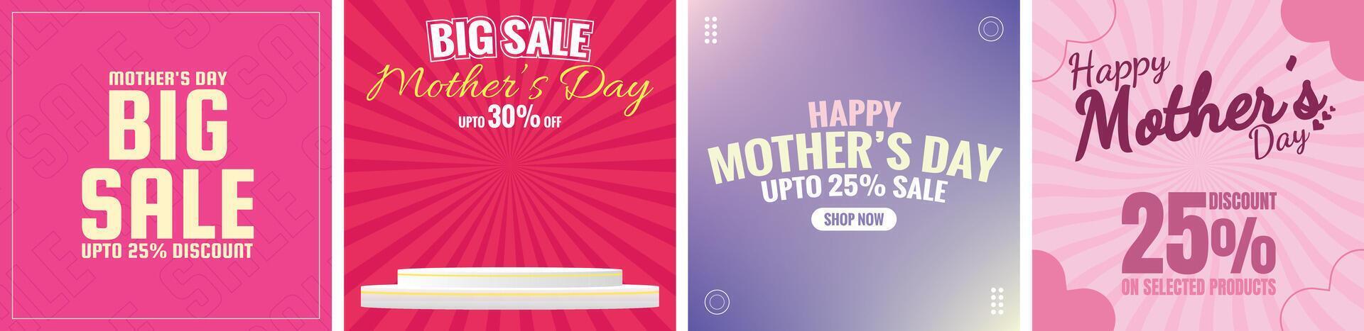 Collection of Mothers Day Sale Banners with Bold Typography, Vibrant Colors, and Discount Offers, Social Media Post Templates vector