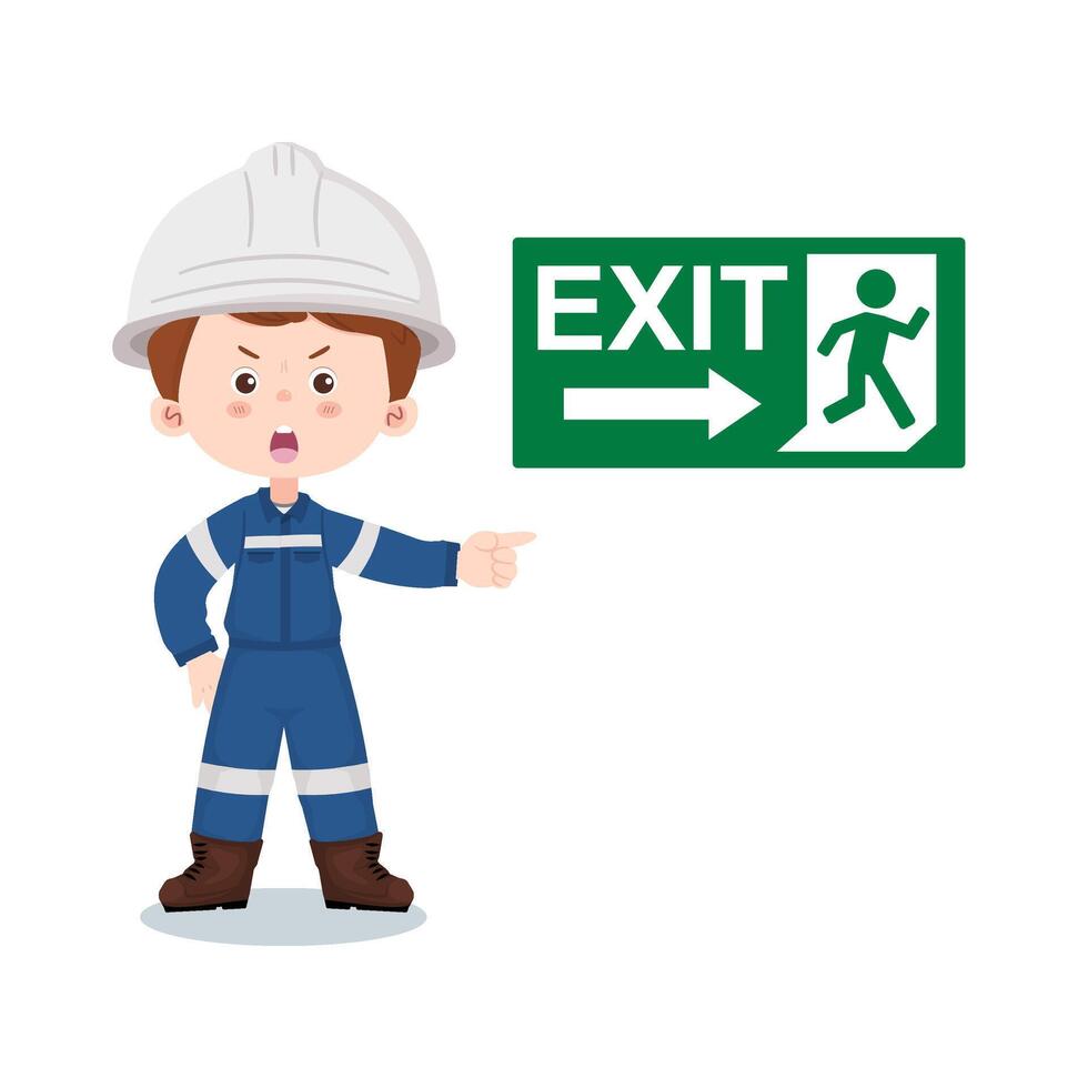 Cartoon safety engineer pointing to emergency exit sign for fire escape or evacuation in industrial workplace. vector