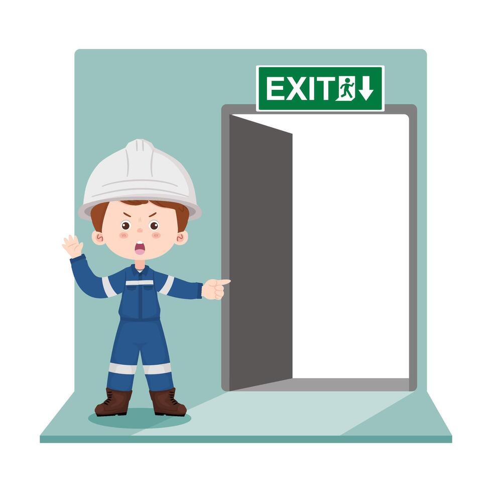Cartoon industrial engineer pointing to emergency exit door with green fire escape sign. Safety awareness concept. vector