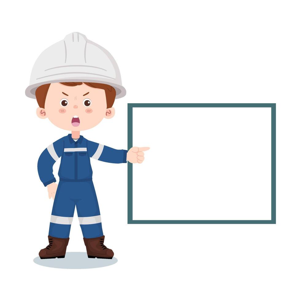 Cartoon industrial engineer pointing at blank sign for message, warning, or information in factory or workplace. vector
